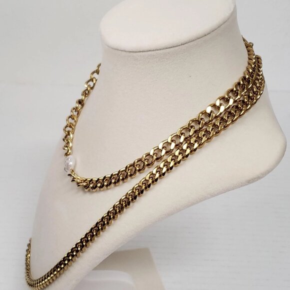 Auth Louis Vuitton Lock&Key Gold w/Unbranded Cuban Style Stainless Double Chain - Picture 2 of 14